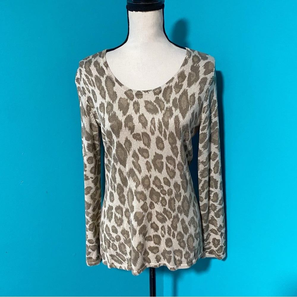 Chico’s M Brown Animal Leopard Print Gold Metallic Lightweight Sweater